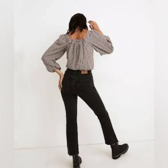 Madewell Puff Sleeve Button Front Crop Top in brown gingham - Picture 6 of 10